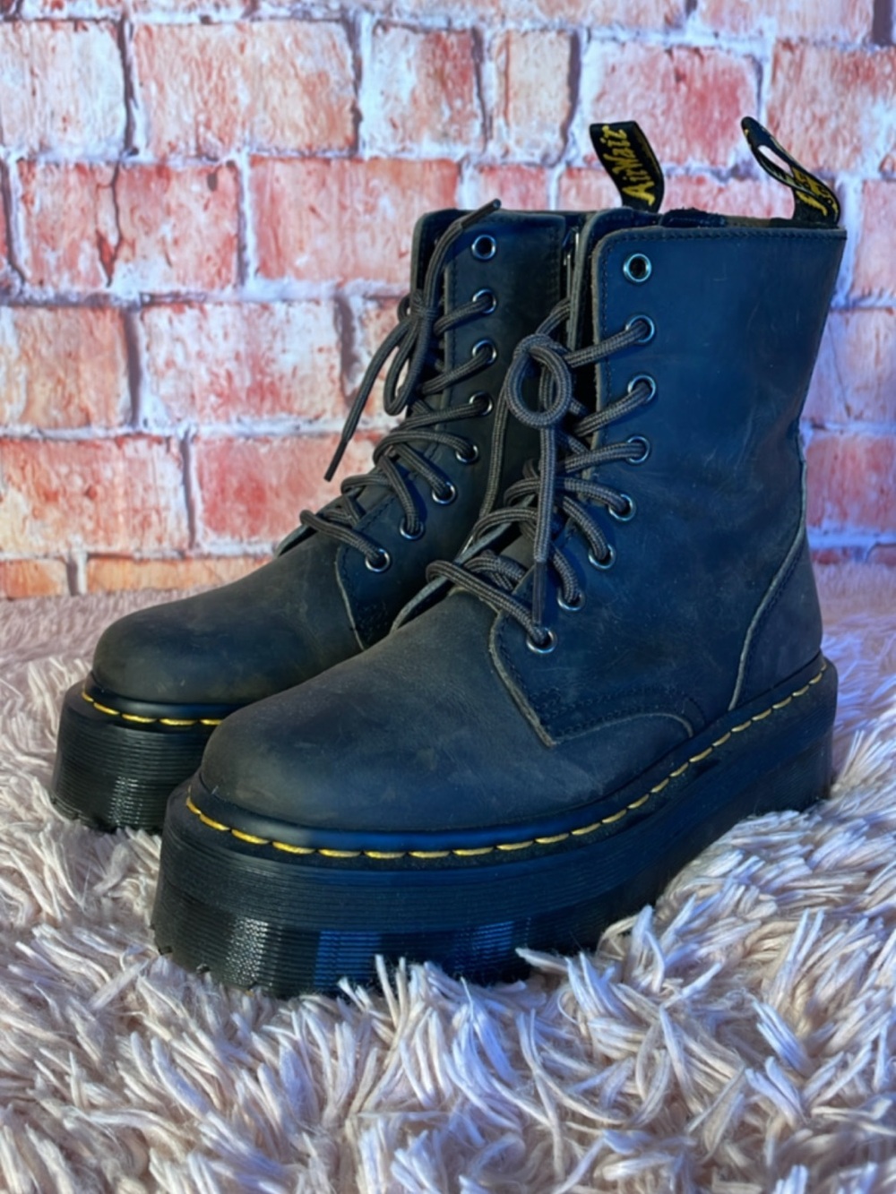 Dr. Martens Dark Brown Lace-Up Platform Boots with Yellow Stitching